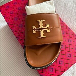Tory Burch Tan Slide Sandals with Gold Logo